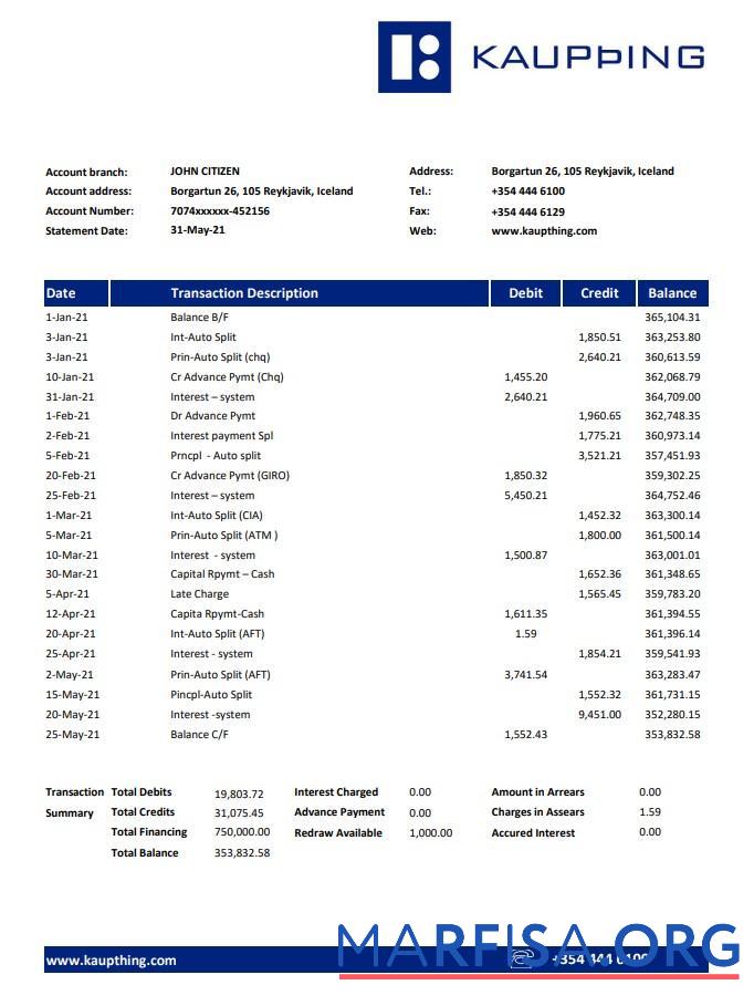 Printable Iceland Kaupthing bank statement excel download for verification
